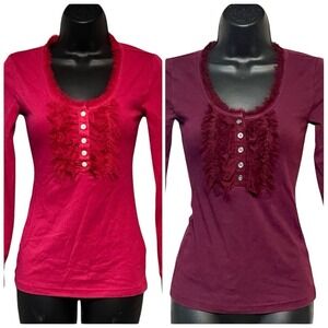 Lot 2 XS Women's Henley Long Sleeve Tops Pink Burgundy Fringe Trim